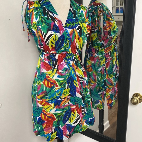 LAUREN RALPH LAUREN TROPICAL SWIM SUIT COVER WITH ADJ. SLEEVES&SIDE SPLITS - Picture 5 of 13